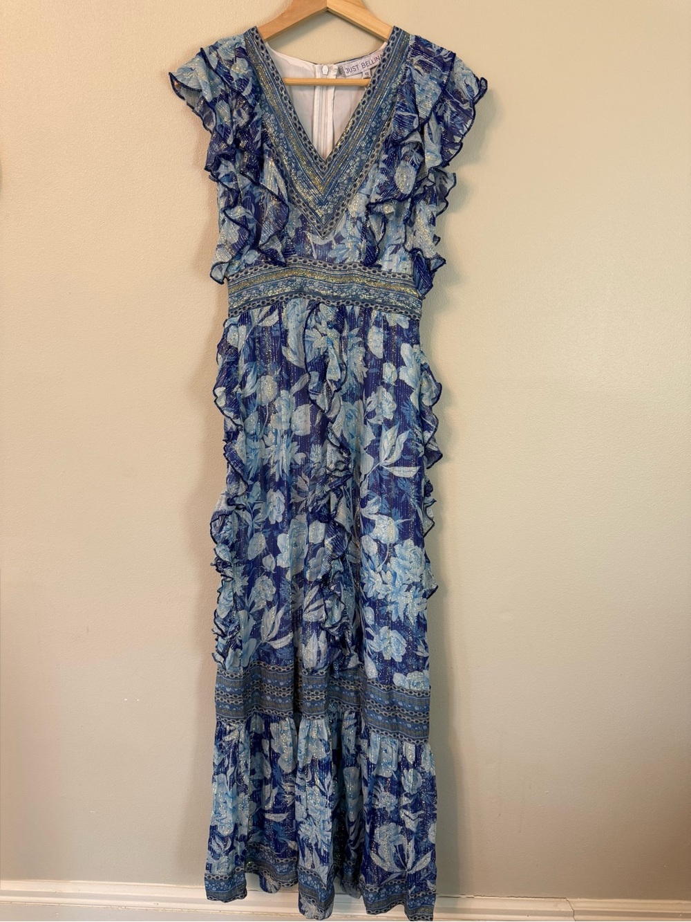 Just Bellina Blue Floral Shimmer Maxi Dress XS Wedding Guest Glam NWT